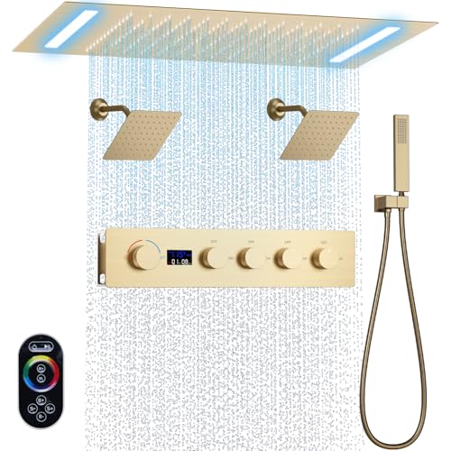 Set de ducha con grifería de techo 20x14 pulgadas, cabezal de ducha LED, válvula termostática con pantalla de temperatura y combinación de dos cabezales de ducha de pared de 8 pulgadas y ducha de mano (oro cepillado) miniatura 1