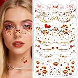 28 Sheets Valentine's Face Temporary Tattoo, Heart Red Lips Cupid Rose Little Bear Cherry Bow Waterproof Fake Tattoos Face Makeup Patches for Women Girls Party Favors