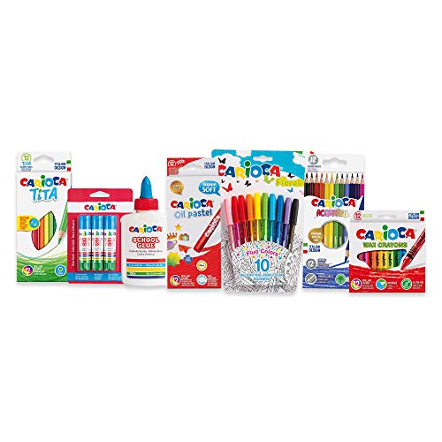 CARIOCA Set DIY | Kit Manualidades con Lápices de Colores, Lápices Acuarelables, Ceras, Pasteles al Óleo, Bolígrafos de Colores, Pegamento de Barra y Cola Blanca, 62 Unidades