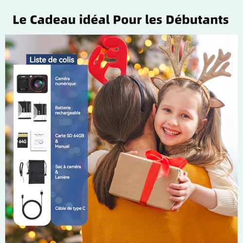 Appareil Photo Numérique 4K 64MP Digital Camera 18X Zoom Numérique Appareil Photo Compact Portable avec 2 Écran, 2 Batteries Carte SD de 64 GB pour Étudiant Débutant Cadeau, Noir – vue 7