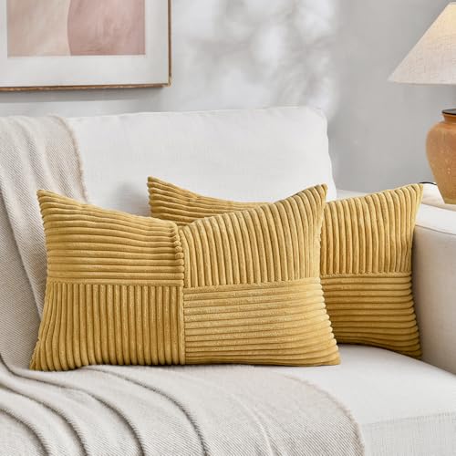 Image of Fancy Homi 2 Packs Mustard Yellow Lumbar Decorative Throw Pillow Covers 16x32 Inch for Living Room Couch Bed, Rustic Farmhouse Boho Home Decor, Soft Striped Corduroy Rectangle Accent Cushion Case