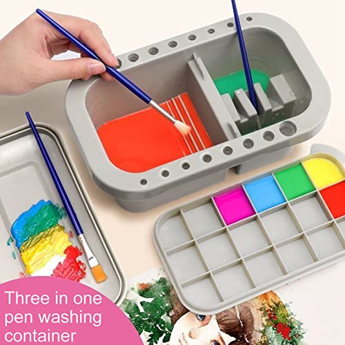 Image of Bibabala Oil Paint Brush Cleaner with Paint Palette Tray, Paint Cups with Lids, Paint Brush Holder, Multifunction Painting Brush Basin Holder and Organizer for Painting Brush Cleaning(Grey)