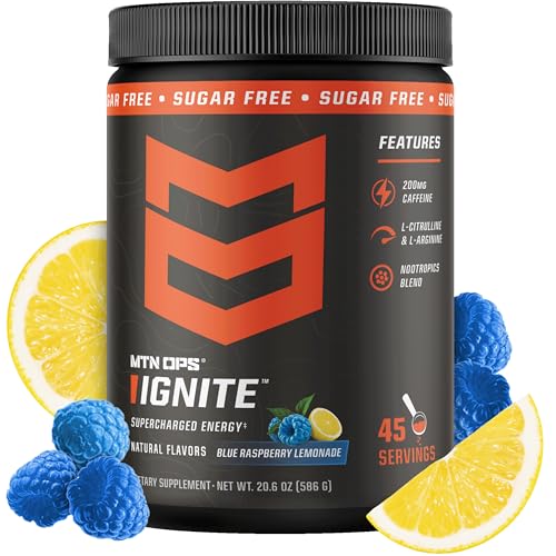 MTN OPS Ignite Sugar Free Energy Drink Powder with 200mg Caffeine Nootropic Blend for Energy Focus & Endurance L Arginine & L Citrulline Pre Workout 45 Servings Blue Raspberry Lemonade