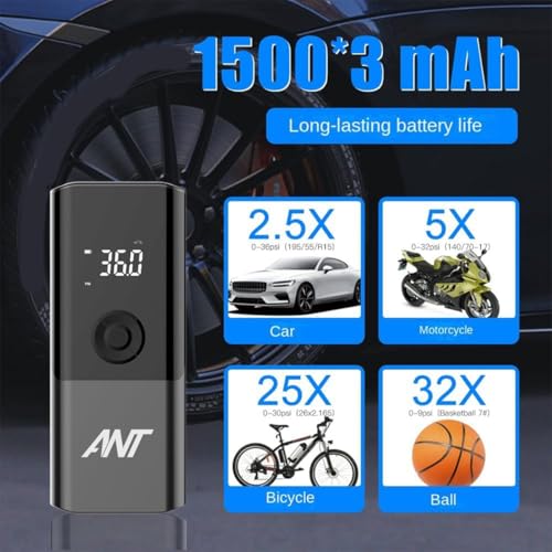 Image of ANT Portable Smart Jet 05 Tire Inflator - Cordless Air Pump for Car Motorcycle & Bicycle - Digital Display Auto Shut-Off LED Light 150 PSI USB Rechargeable Fast & Accurate Inflation
