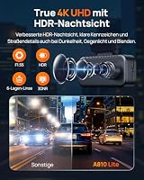 70mai A810 Lite Dashcam Vorne Hinten, 4K Dashcam 2160P+1080P mit 64GB Karte, 24H Parküberwachung, 4G LTE Fernzugriff unterstützt, Notfall-Voraufzeichnung, G-Sensor, Nachtsicht HDR, F1.55, 5GHz WiFi – Ansicht 3