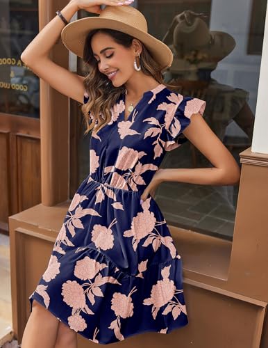 Image of HOTOUCH Women Printed Dress for Summer Short Ruffle Sleeve Dress Tiered Mini Dress with Pockets