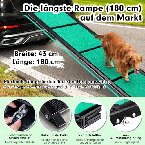 Maximale Länge 180cm Große Hunderampe Auto, Klappbare Hunde-Rampe mit Anti-Rutsch-Oberfläche, Hunderampe Auto Klappbar für SUV, LKW & Outdoor Treppen, Hundetreppe Auto für 100kg Große Hunde SUV & LKW