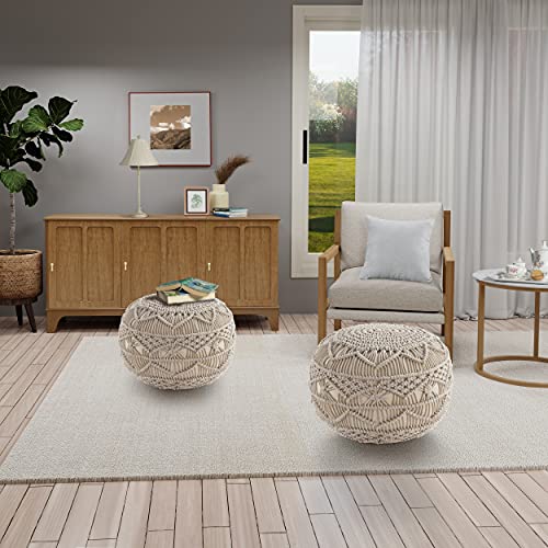 Lane Linen Pouf Ottoman - Hand Knitted Ottoman Foot Rest, Large Round Pouf, Poufs For Living Room, Bean Bag Ottoman, Floor Pouf, Macrame Chair - 20 Diameter X 14 Height - Mystic Pure Natural #TOP2