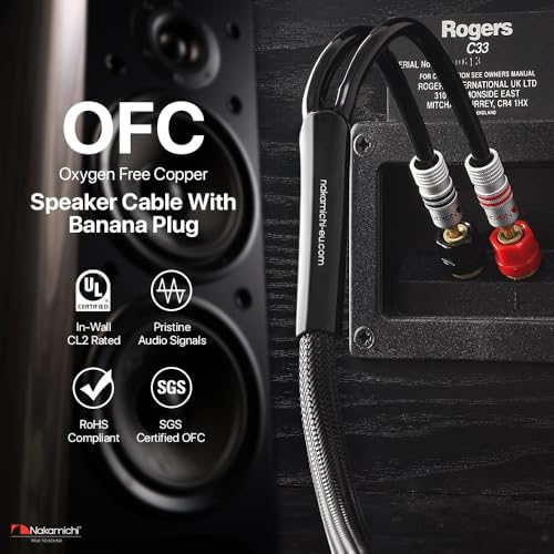 Image of Nakamichi Excel Series 24k Gold Plated Banana Plugs With Speaker Cable Wire 99.9% Oxygen-Free Copper (OFC) Heavy Duty Braided for Amplifier Hi-Fi Home Theatre - Black (14AWG / 3 feet / 0.9m)