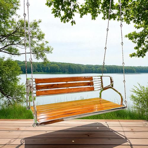 Image of Kaushalendra Hanging Swing for Indoor Outdoor Balcony, 122 cm Stainless Steel & Teak Wood, 350kg Capacity, Pre Assembled, Includes Springs & Hook