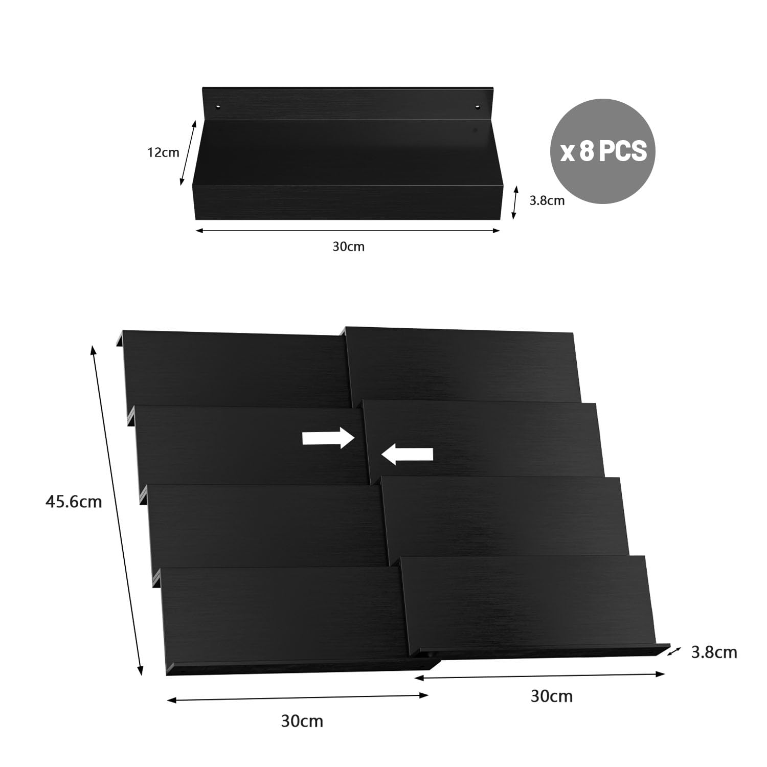 Lot de 8 étagères à épices de tiroir - Système de rangement extensible de 30 cm à 60 cm - Pour cuisine, armoire, plan de travail - Noir