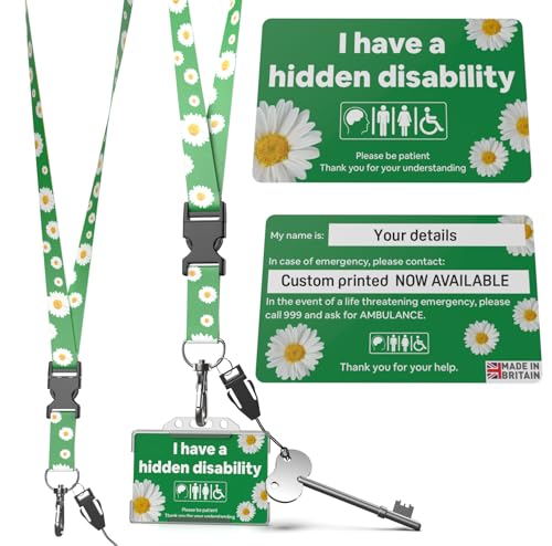Official Large Easy Grip Radar Key with Disability ID Card White Daisy Flower with Premium Green Lanyard/Flower Lanyard Option for Personalisation Details Custom Printed on Back of Card