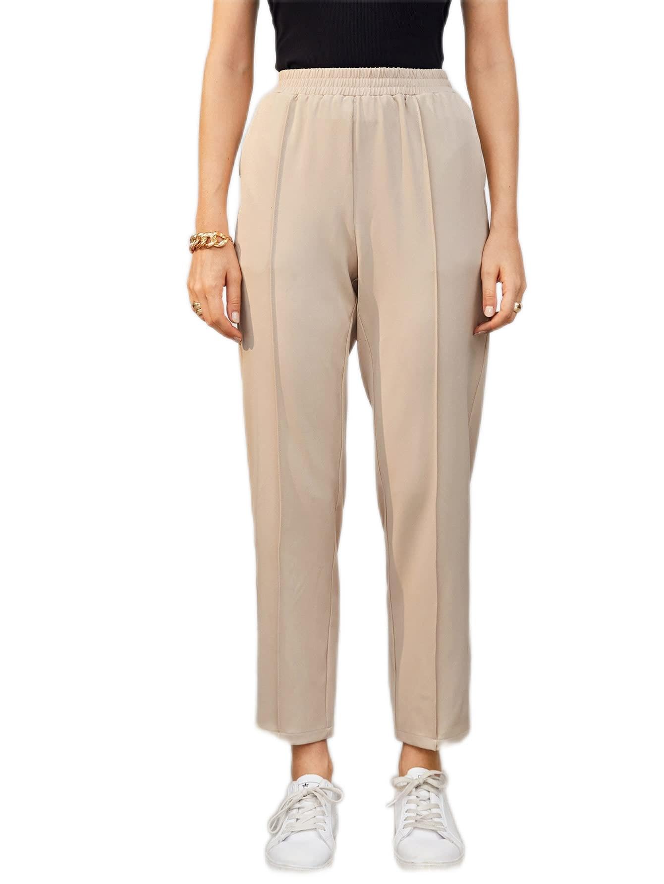 SEIBES Womens Pants Elastic Waist Seam Front Tapered Pants Pant for Women