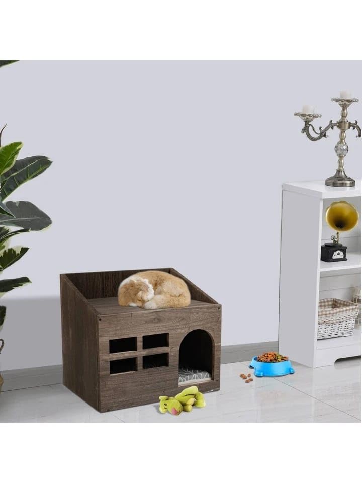 Sabri SHOPEE Wooden Cat House for Indoor Cats, Premium Durable Pet Shelter, Modern Design with Multiple Entry Points Cat Kittens & Small Pets Home Indoor Shelter (Wood Brown, Box Style Cat House) 1