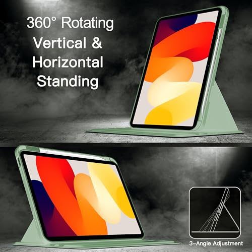 Image of TGK Rotating Case for Redmi Pad SE 11 inch with Pencil Holder 360 Degree Rotation Protective Trifold Stand Cover Clear Back (Mint Green)