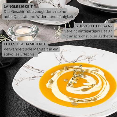 SÄNGER | Tafelservice Bilgola Marmor, 24-teiliges Geschirrset für 6 Personen mit Suppen-, Dessert-, Speisetellern & Müslischalen aus Porzellan, Teller Set, Essgeschirr, Eckig | PREMIUM COLLECTION