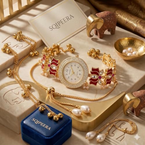 Image of Kashmiri Watch for Women | Gold Tone Round Dial | Crystal Studded Floral Design | Adjustable Chain Traditional Ethnic Jewellery Gift