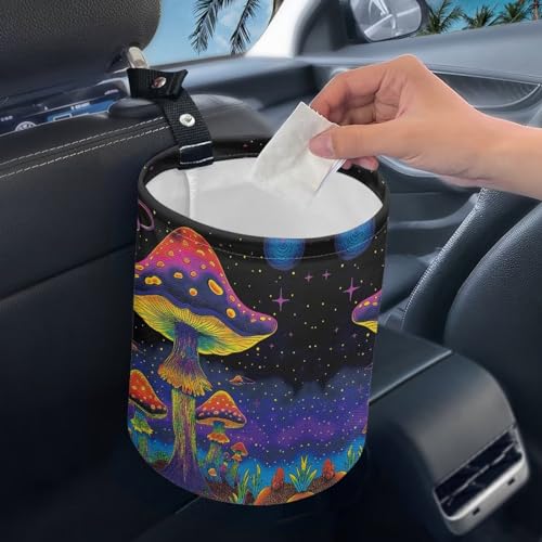 Image of Colorful Mushrooms Garbage Can - Small Trash Can with Leak Proof Liner and Hanging Strap - Portable Car Organizer