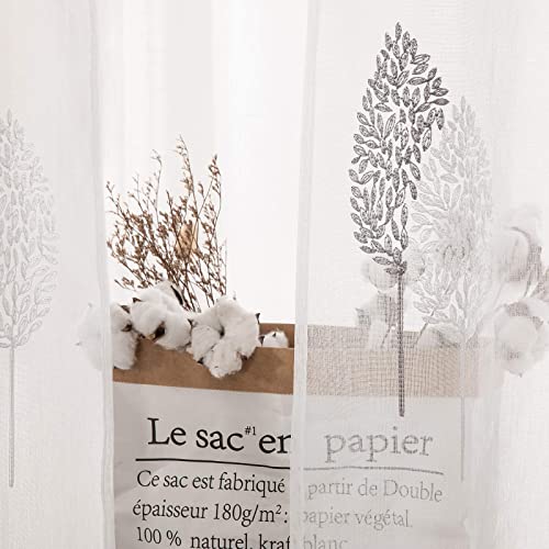 MIULEE Leaves Embroidery Sheer Curtains Christmas Decoration Grommet Window Curtain Semi Voile Drapes with Eyelets Window Treatments for Living Room Bedroom Big Leaves Grey 2 Panels 55" W x 85" L - Image 2