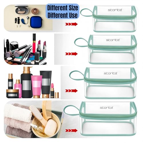 Image of Storite Set of 4 PVC Travel Pouch Set Multipurpose Waterproof Cosmetic & Toiletry Bags with Zipper for Makeup, Stationery & Accessories - Transparent (Green)
