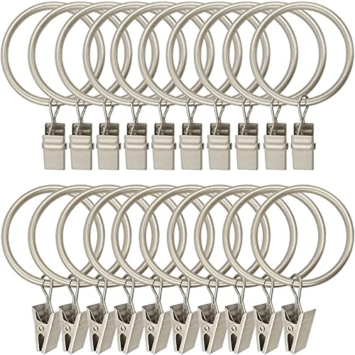 LLPJS 20 Pack Metal Curtain Rings with Clips Curtain Clip Rings Hooks for Hanging Drapery Drapes Bows Curtain Rod Rings 1.5 inch Interior Diameter Matte Silver