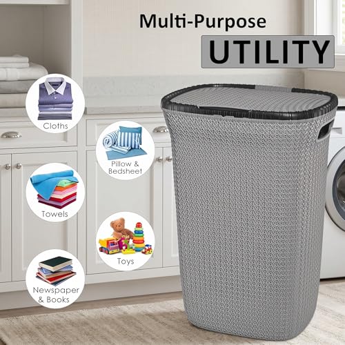 Image of KITCHIVO Plastic Large 55 Ltr Laundry Basket with Lid & Handle | Multipurpose Hamper Bins Storing Washable Clothes, Blankets | Household Ideal for Home & Bathroom (Marriott Grey Laundry Basket)
