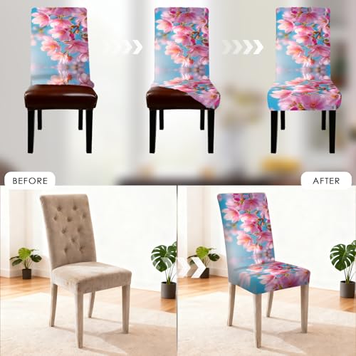 Image of Nuxovilar 4PCS Pink Cherry Blossom Print Milk Silk Seat Covers | Stretch Slipcover Furniture Protector Blossom Wrap Seat Guard Dining Room Spring Brunch Indoor (Cherry Blossom)