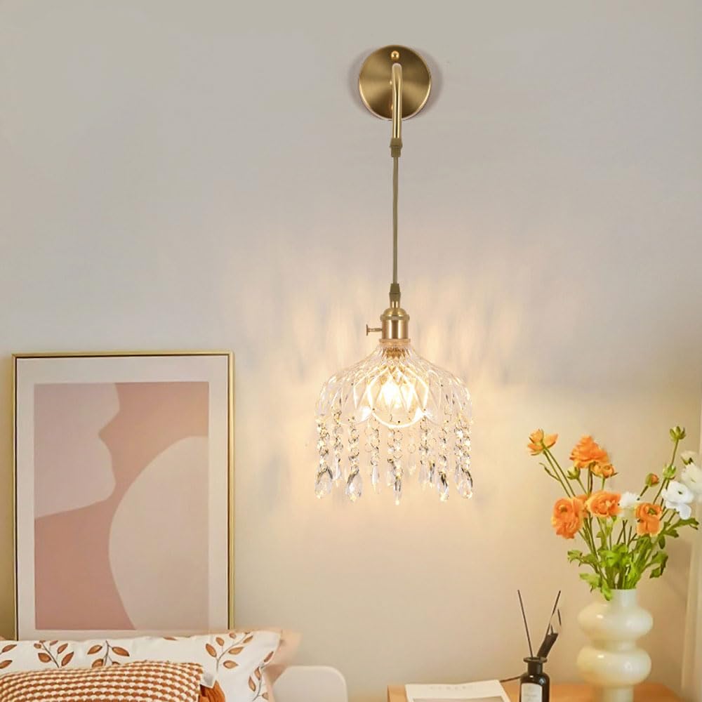 MYUYEE Creative Glass Wall Light Single Head Iron Wall Pendant Lamp With Glass Shade ＆Crystal Pendant Wall Sconces Bedside Wall Lights Simple Wall Lamps