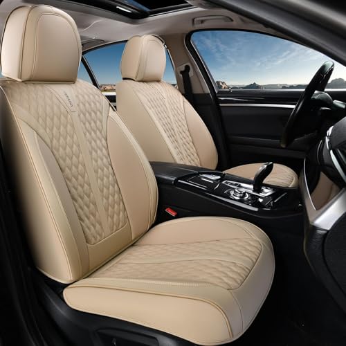 Image of Coverado Seat Covers Front Seats, Waterproof Car Seat Covers, Luxury Leather Seat Covers for Cars, Automotive Seat Covers Leather Seat Cushion Protector Universal Fit Most Cars SUVs Trucks, Beige