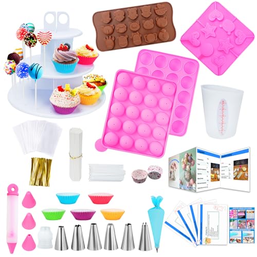 Cake Pop Maker Kit with 3 Silicone Mold Sets - 3 Tier Display Stand Piping Tips Muffin Cupcakes Instructions Visual Recipe Cards Lollipop Sticks Valentine Easter Gifts for Mom Wife