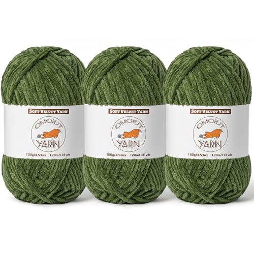 Image of 3 Pack Army Green Fluffy Velvet Yarn for Crocheting,Chunky Chenille Baby Blanket Yarn for Crocheting,Soft Fuzzy Puzzle Yarn for Knitting,(100g /3.53oz Each) Bulky Thick Amigurumi Crochet Yarns