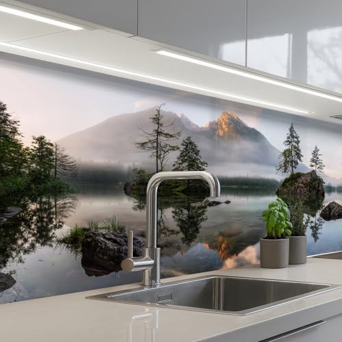 KitchenYeah© Antisalpicaduras Cocina 80x150 cm Adhesivo Salpicadero Protector Salpicaduras Kitchen Agua - Paisaje - Montaña - Árboles