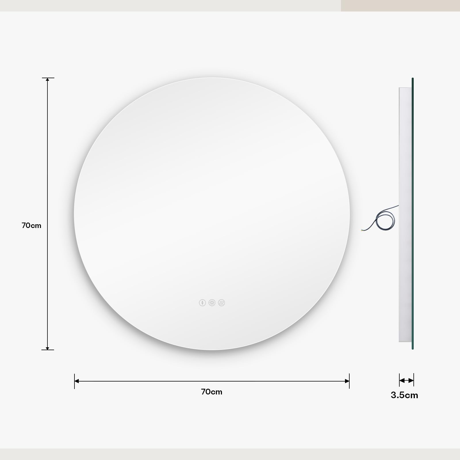 Dripex Miroir Salle de Bain 70cm, Miroir LED Rond Anti-buée, 3 Couleurs, Dimmable, Interrupteur Tactile