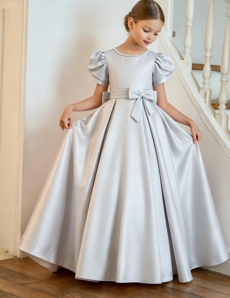 Vestido de niña de Flores de satén Blanco con Cuello Perlado, Espalda en V, Vestido Largo de comunión con Mangas Cortas abullonadas, Vestidos Formales de Boda.