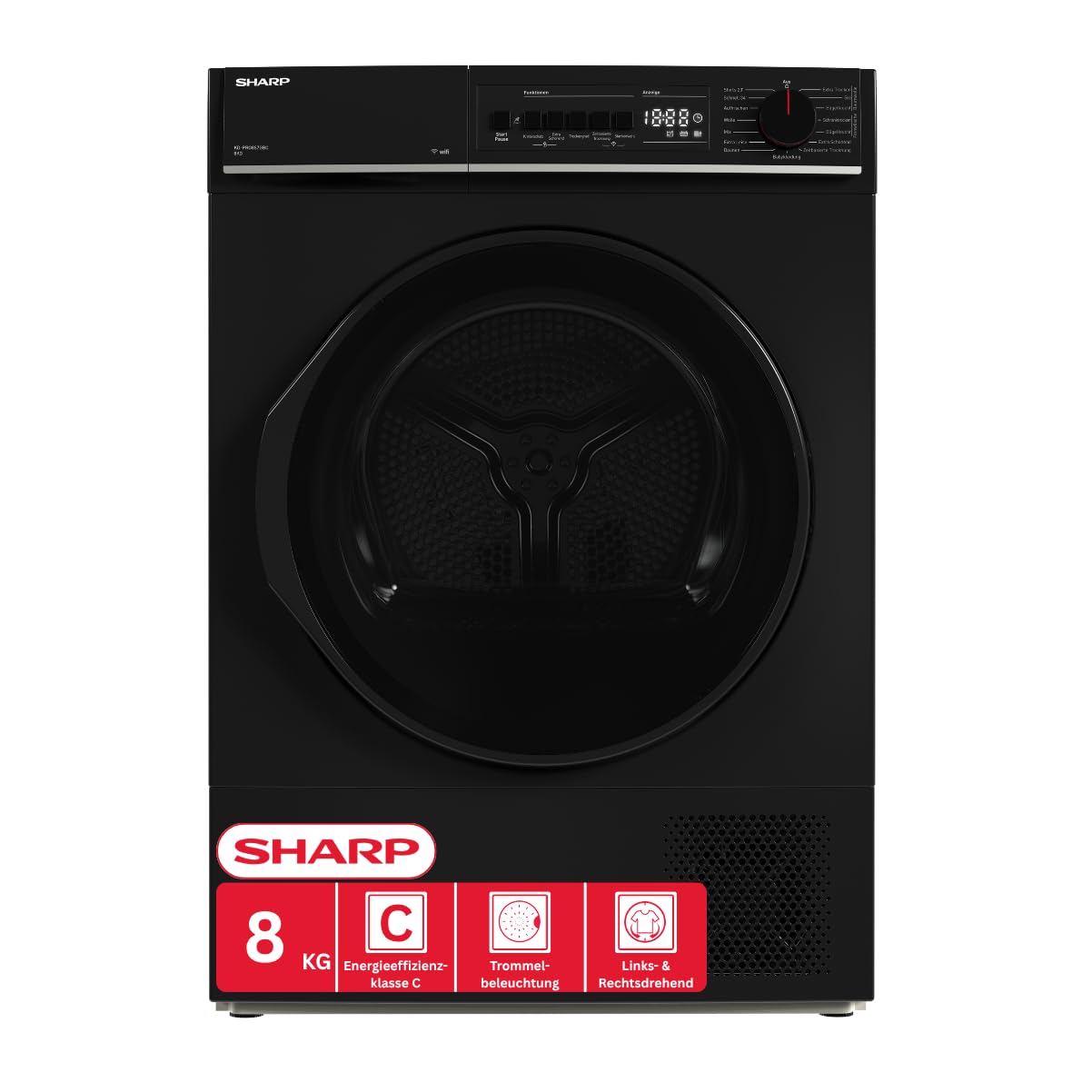 Sharp KD-PRO8S7GBC-DE Wäschetrockner, 8kg, C, WiFi, 15 Trockenprogramme inkl. 20-Minuten-Schnelltrockenprogramm, Schwarz