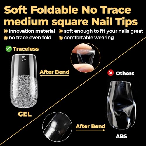 Image of UNA GELLA 600pcs Medium Square Nail Tips, Pre Etched Nail Tips Square Press on Nails Soft Gel Clear Fake Nails Full Cover For Nail Extension Home DIY Nail Salon 12 Sizes