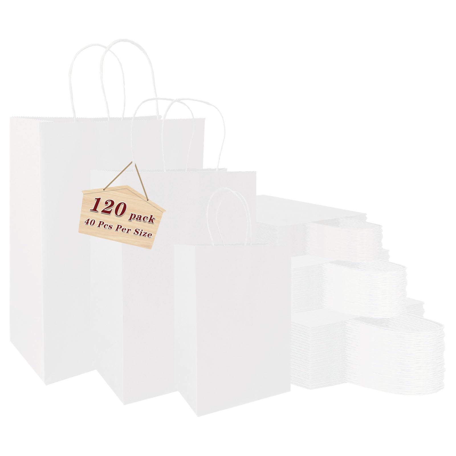 vanhel 120 pack White Gifts Bags with Handles Assorted Sizes Mixed Sizes Bulk Kraft Paper Gift Bags Take Out Bags for Business, Merchandise, Shopping,