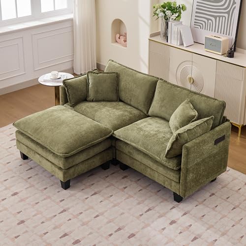 Opiesit Modular Sectional Sofa with Movable Ottoman, 75" 3-Seat Modern Couches for Living Room, Comfy L Shaped Couch Set with Deep Seat for Office and Apartment, Green Chenille Fabric