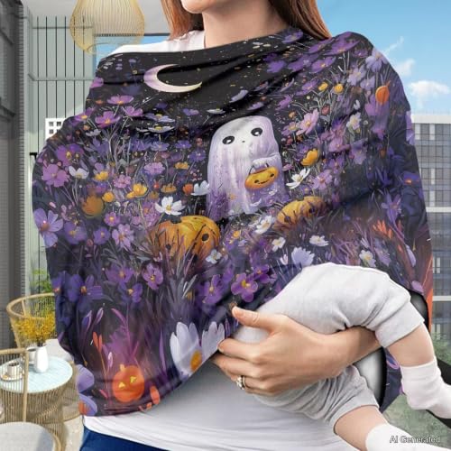 Image of Wanyint Baby Car Seat Cover High Chair Canopy Shopping Cart Cover Soft Breathable Baby Breastfeeding Protector for Breastfeeding Mothers Halloween Decora, Cute Ghost Floral Purple