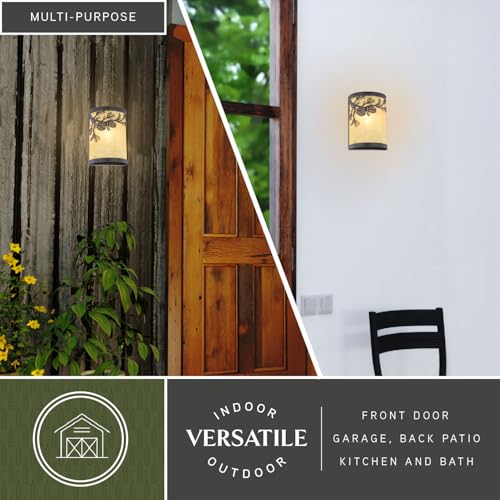 Image of VAXCEL Douglas 1-Light 8 in. Wide Warm Bronze Indoor-Outdoor Rustic Flush Mount Wall Sconce with Pinecone Cutout and Amber Flake Glass Shade, Dimmable, LED Compatible, Bathroom Vanity Lighting Fixture