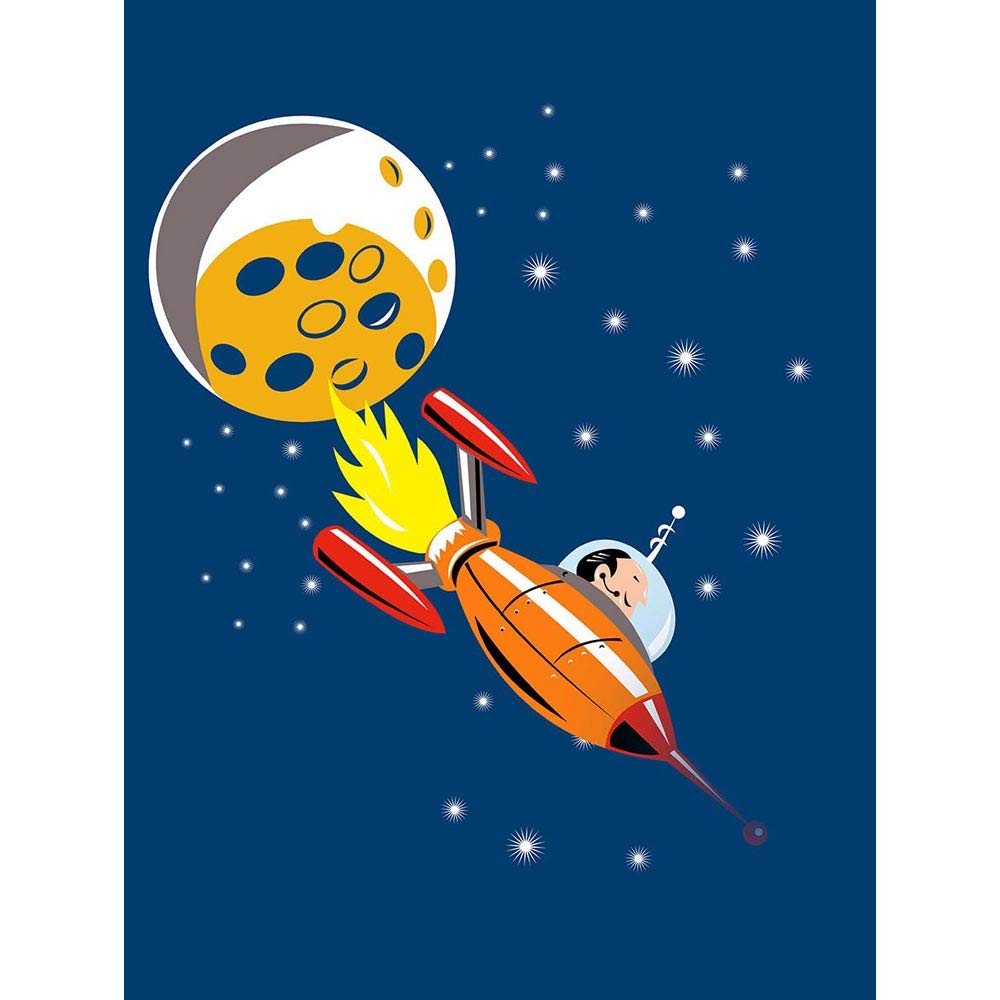 Wee Blue Coo Nursery Spaceship Spaceman Moon Planet Space Kids Bedroom Art Print Poster Wall Decor 12X16 Inch