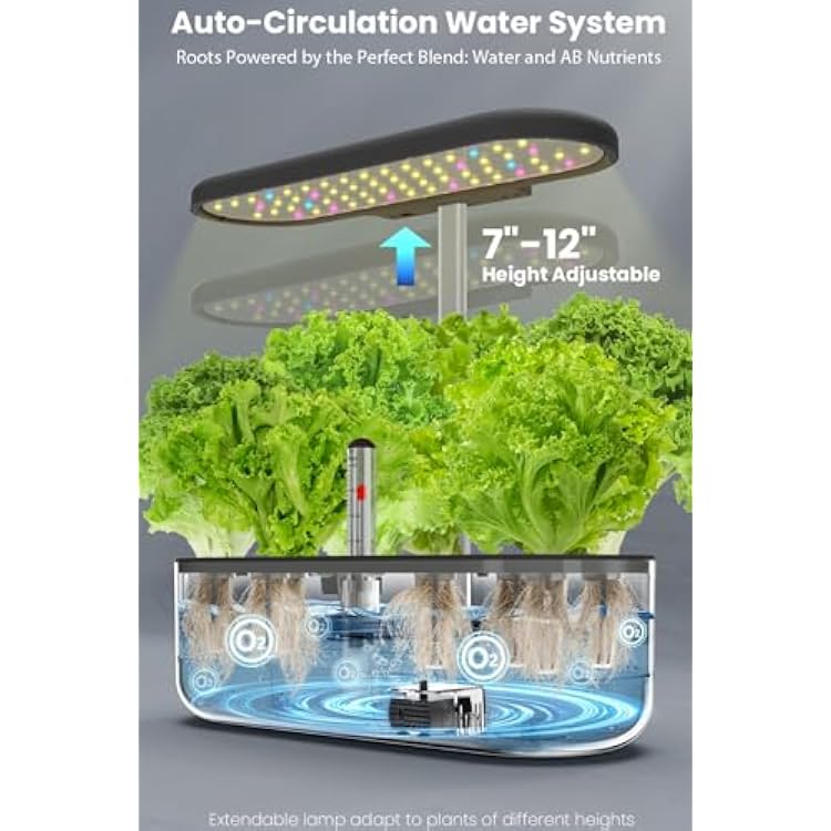 inbloom 12 Pods Hydroponics Growing System Kit, Herb Garden Planter Indoor Kit, Indoor Gardening Hydroponics Growing System with Pods, 4.2L Water Pump, Height Adjustable, Gifts for Woman, Black