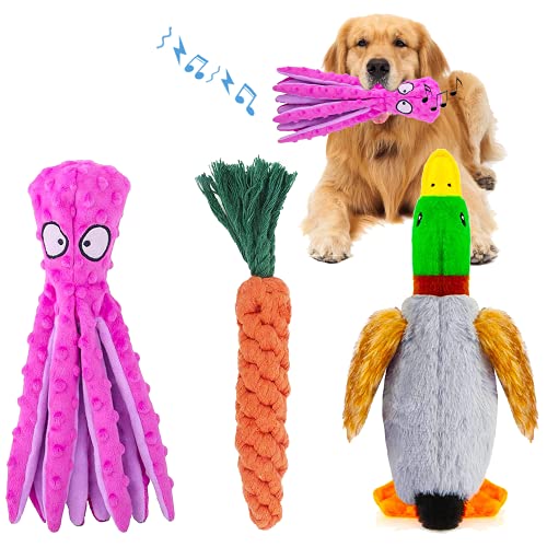 NBiefuny Plush Dog Toy, Squeaky Interactive Puppy Dog Toys with Crinkle Paper, Puppy Teething Chew Toys, Durable Chew Toys for Small and Medium Dogs with Octopus Shape, 3 Pack