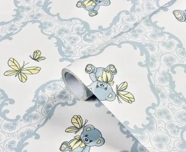 Kids Room Bear Pattern Wallpaper, Natural Fiber Non-Woven Self Adhesive Contact Paper, Cute Peel & Stick Wall Covering for Nursery 16 x 96 Inch