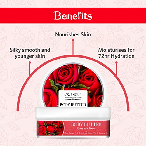 Image of L'avenour Romantic Rose Body Butter for Dry Skin for Women & Men with Shea Butter, Rose Water and Vitamin E | Quick Absorbing & Non-Greasy Rose Moisturizer - 200ml (Pack of 3)