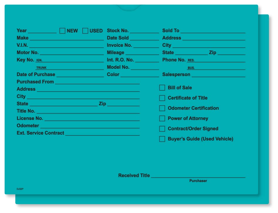 9" x 12" Vehicle Car Dealer Deal Jackets Envelopes 100 Pack - Teal Printed