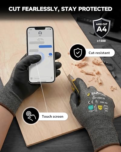 Image of DULFINE A3 /A4 /A9 Cut Resistant Work Gloves for Men Women,Touchscreen Foam Nitrile Coated,Ideal for Glass Cutting Wood Carving
