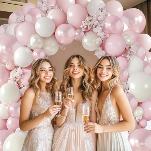 Image of Pink and White Balloons Arch Kit, Double Stuffed Pearl Pink White Sand Balloons Light Pastel Pink Beige White Balloons Garland Kit for Birthday Valentine's Day Bridal Shower Wedding Party Decor