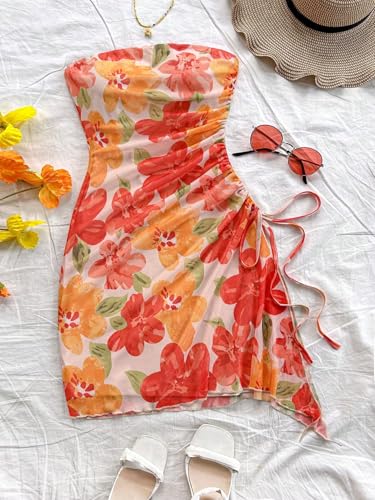 SOLY HUX Women's Floral Strapless Mini Dresses Summer Beach Vacation Short Bandeau Bodycon Dress4