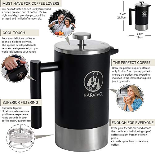 BARVIVO French Press Coffee Maker - Best for Brewing Your Favorite Cup of Coffee or Tea - Comes with a Small Portable Travel Jar - The Black Double Insulated Stainless Steel body holds 34oz